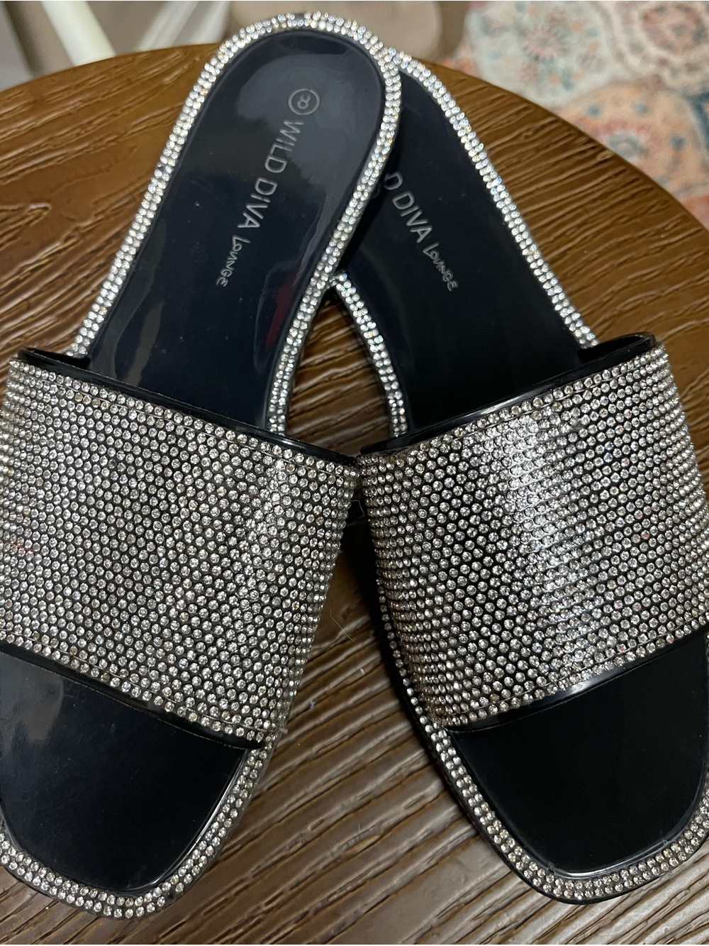 Wild Diva Black Crystal Embellished Slide Mules